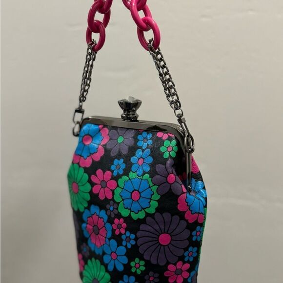 Colorful Floral Genuine Leather Diamond Shaped Push-lock Bucket Bag/Crossbody - Picture 7 of 16
